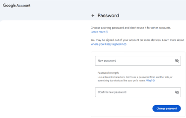 The Google account change password page is open. There's the option to add and confirm your new password.