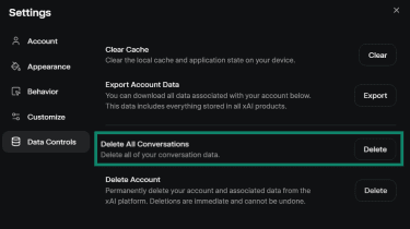 Grok Data Controls screen showing the Delete All Conversations option highlighted.