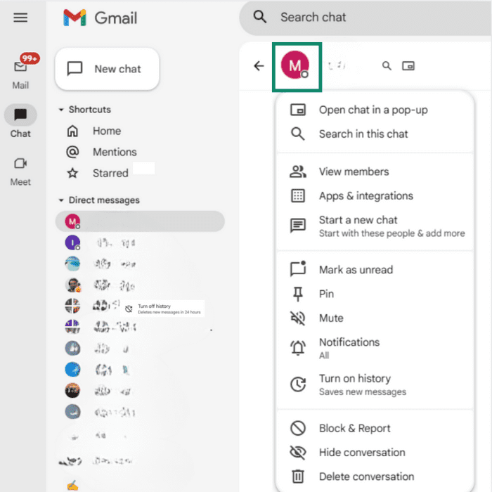 In the Google Chat window, the contact menu is open.