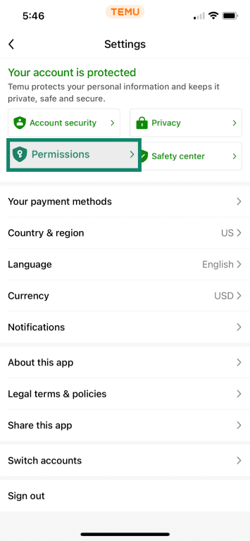 Temu settings with Permissions highlighted.
