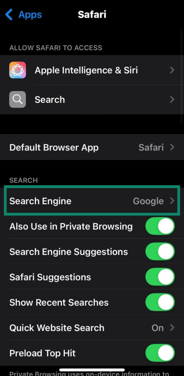 iOS settings screen with Safari Search Engine preference highlighted.