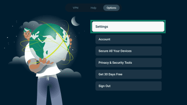 The ExpressVPN smart TV app navigated to Options and "Settings" highlighted.
