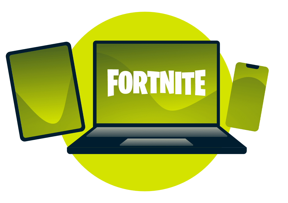 Erilaisia laitteita, joissa näkyy Fortnite-logo.