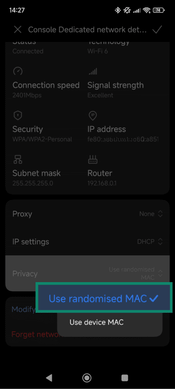 Android Wi-Fi network details screen, showing MAC spoofing enabled.