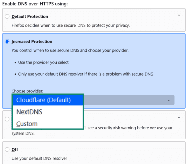 Firefox Enable DNS over HTTPS settings screen with provider choices highlighted.