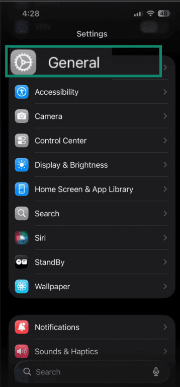 General settings in settings on iPhone.