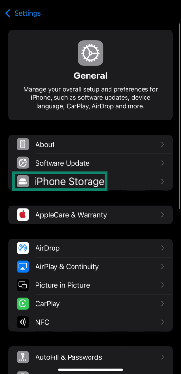 Accessing the iPhone Storage menu in iOS.