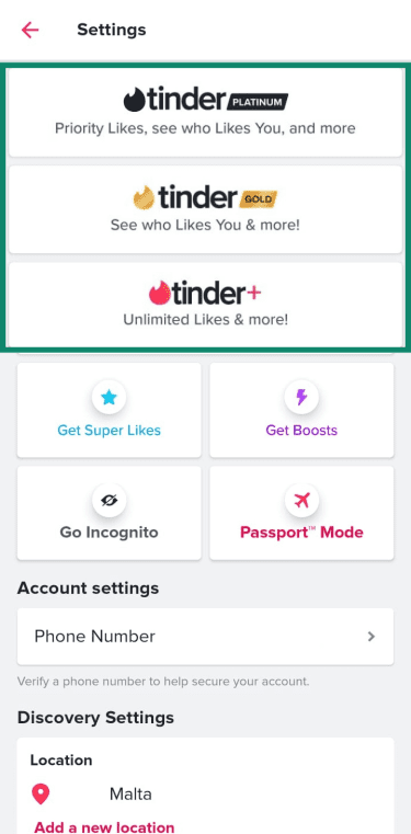 Tinder settings menu displaying banners for Platinum, Gold, and Plus subscriptions.