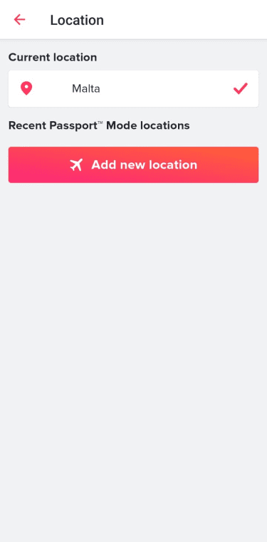 Location management screen displaying "Current location" set to Malta and a red button labeled "Add new location."