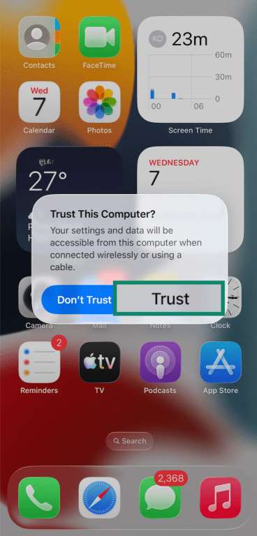 iPhone Trust This Computer confirmation pop up.