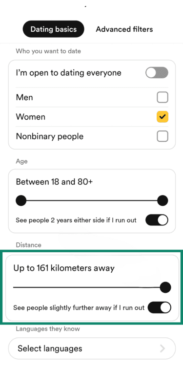 Bumble Dating basics filters screen showing distance set to up to 161 kilometers away.