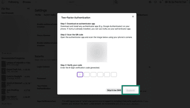 Twitch 2FA setup screen showing QR code scan and 6-digit verification code entry.