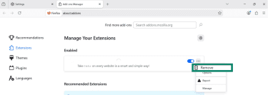 Firefox Extensions settings with Remove button highlighted.