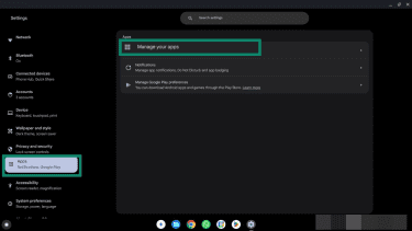 Manage your apps button highlighted in ChromeOS's settings menu