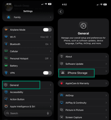 Settings app with General and iPhone Storage highlighted.