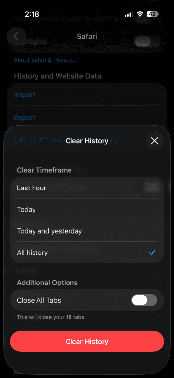 Safari clear history timeframe selection screen