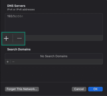 The DNS servers window on macOS, with the plus button highlighted, which lets you add new DNS addresses.