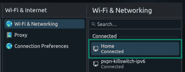 Linux's Wi-Fi and Networking panel with a list of currently available network connections.