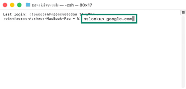 A Terminal window on macOS, with the nslookup command highlighted.