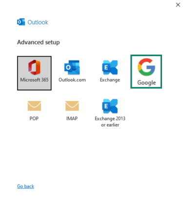 "Google" option highlighted in Outlook Classic.