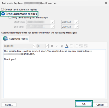 "Send automatic replies" and "OK" buttons highlighted in Outlook.