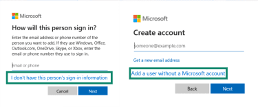 "I don't have this person's sign-in information" and "Add a user without a Microsoft account" options highlighted.