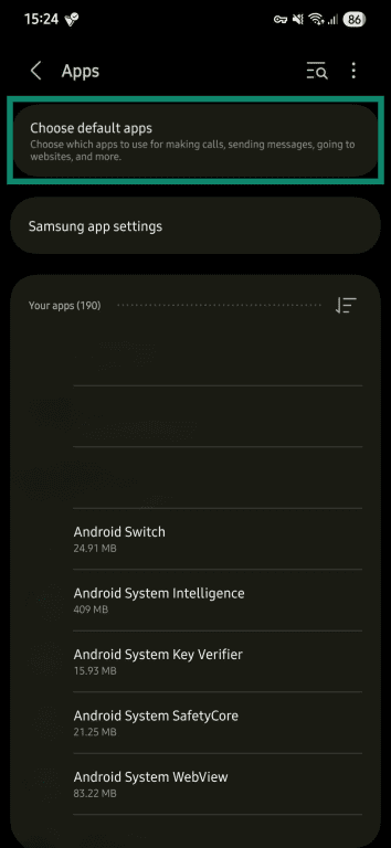 The Samsung Apps screen, highlighting the Choose default apps option.