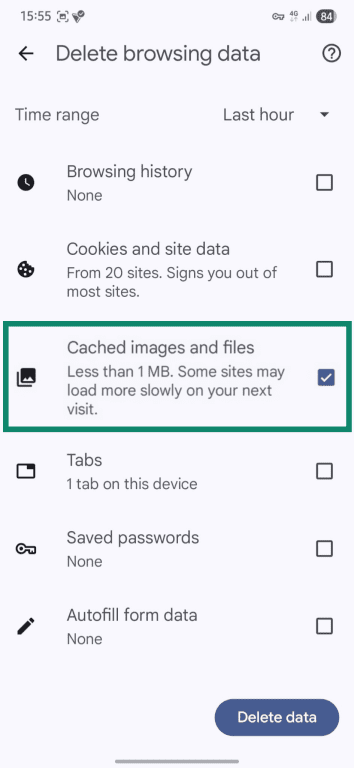 How to delete cached images and files in Chrome Android.