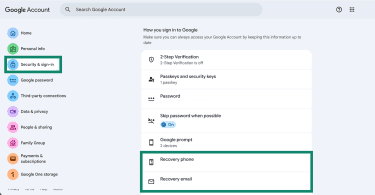 The Security & Sign In window within the Google Account overview, showing a section with associated recovery phone and email.