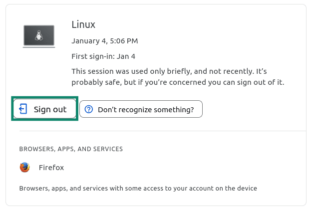 "Sign out" button highlighted in the Google device settings.