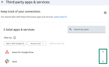 Options button for third-party apps highlighted in the Google account settings.