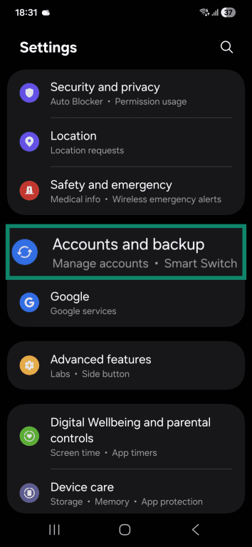 Samsung Android Settings app main interface with the Accounts and backup option highlighted.