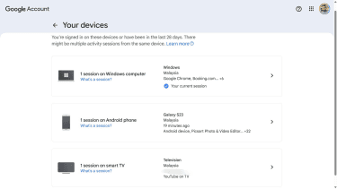 Google account dashboard Your devices interface with a list of linked devices.