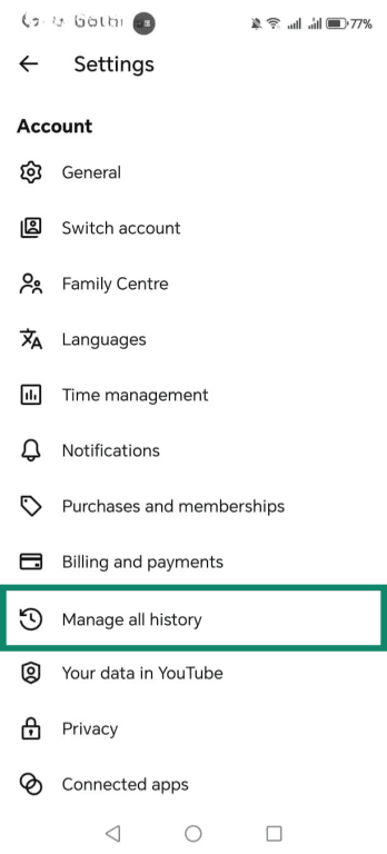YouTube app settings page with Manage all history option highlighted