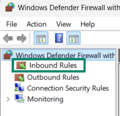 WIndows Defender advanced settings window showing Inbound rules highlighted.