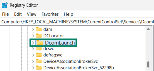 Windows registry editor showing a list of folders, with the folder “DcomLaunch” highlighted.