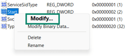 Dcom Launch start menu is open highlighting Modify.