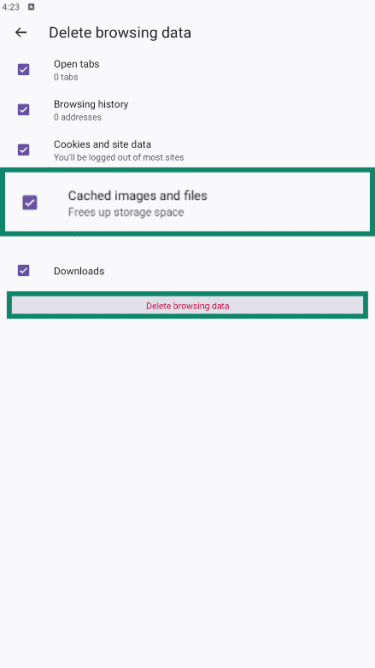 Firefox on Android in Settings with Delete browsing data highlighted