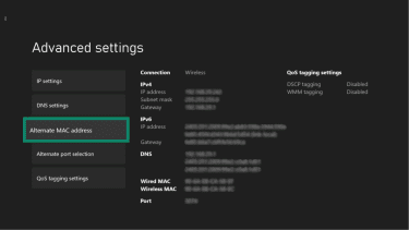 Xbox Advanced settings menu with the Alternate MAC address option highlighted.