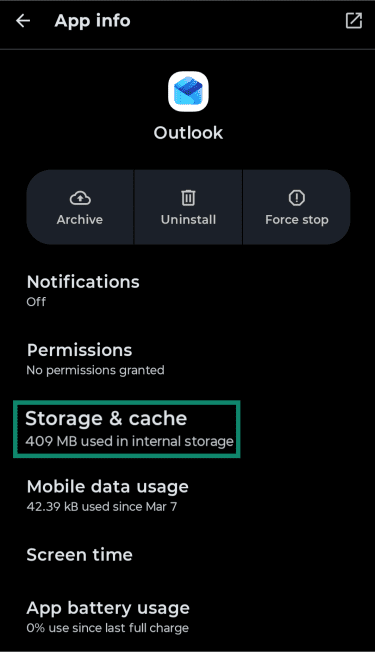 How to find storage & cache in Outlook for Android.
