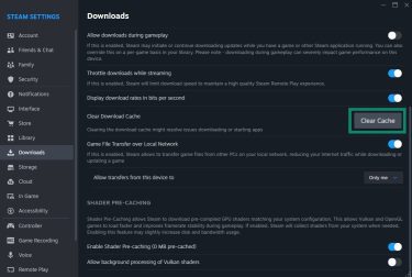 The Clear Cache option in the Steam Downloads Settings interface (Windows).