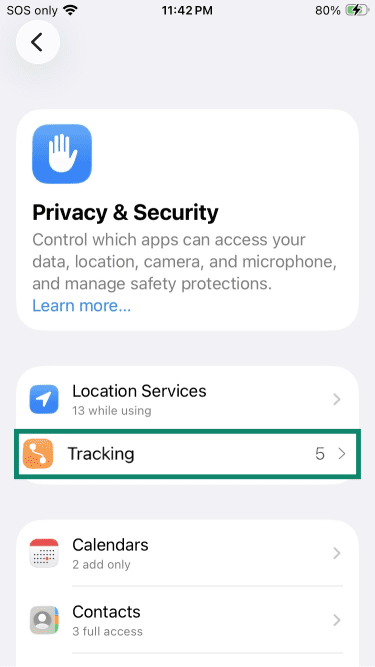 iPhone Privacy & Security settings with Tracking highlighted.