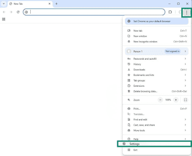 Chrome browser window with kebab menu opened and Settings highlighted.