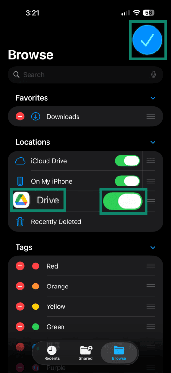Google Drive toggle in iPhone Files app.