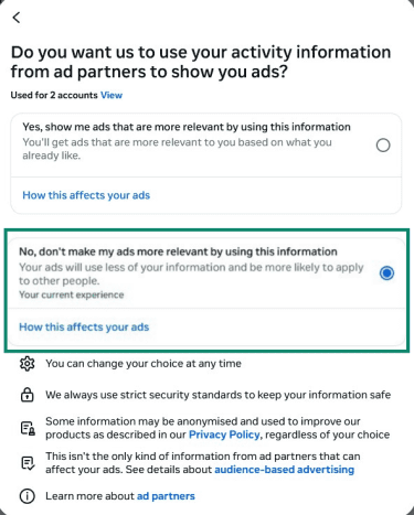 Facebook Activity information from ad partners settings.