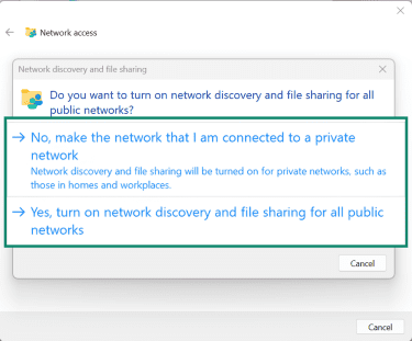 A network access prompt asking to turn on network discovery.