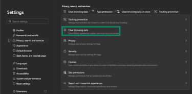 Clear browsing data option highlighted in the Privacy, search, and services menu of Microsoft Edge.