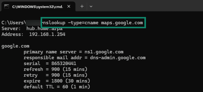 Looking up Canonical NAME record using nslookup.