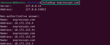 Using the nslookup command on Linux.