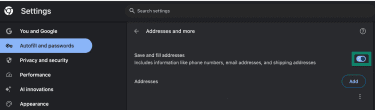 Save and fill address toggle button on Chrome's Autofill settings for addresses.